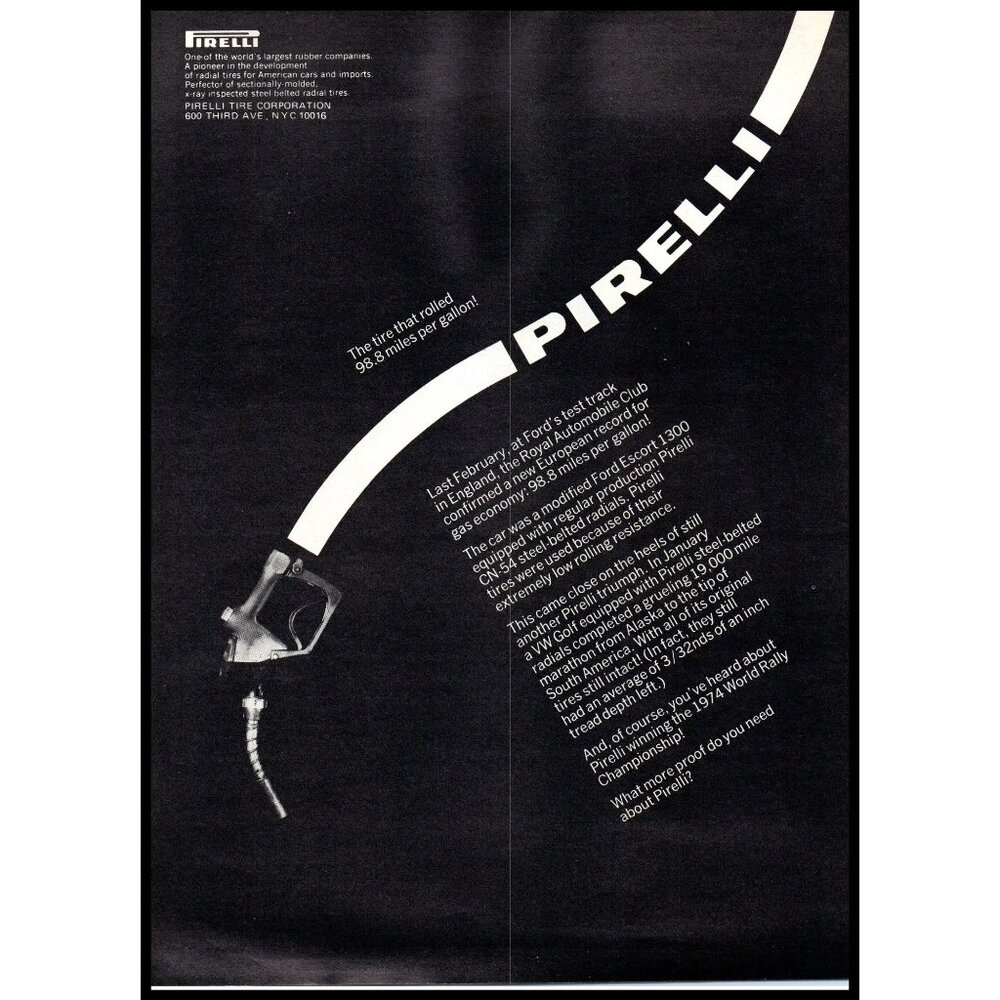 1975 Pirelli Tires Gas Pump Handle Hose Vintage Print Ad Minimalist Wall Art